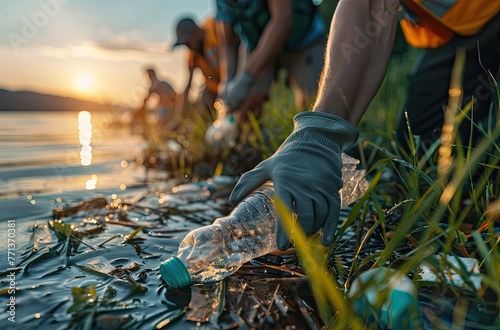 "Community Cleanup Effort: Volunteers Collecting Trash at Sunset"
