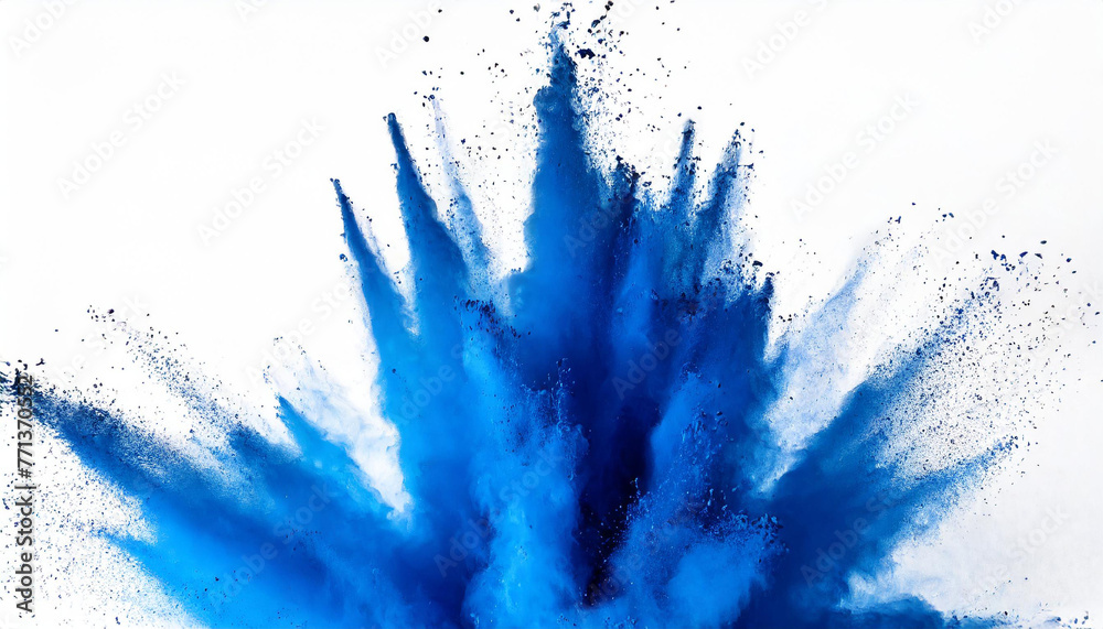 Abstract blue powder explosion on white background. Closeup of blue dust particles splash isolated on clear background. - obrazy, fototapety, plakaty 