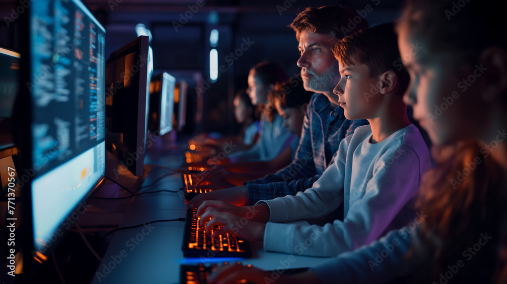 Teachers and children with parents in a computer lab, learning to ...
