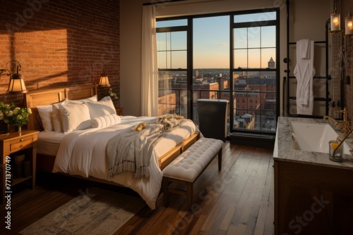Hotel room with a view of the city © Adobe Contributor