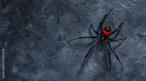 Red widow spider on a black background. Dangerous insect.