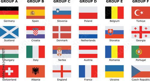 Flags of the teams participating in the championship with English text
