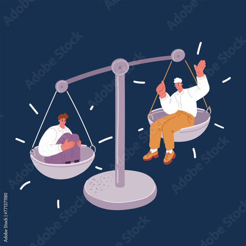 Cartoon vector illustration of two office man sitting on scales. Businessman completion or coworkers to firing over dark background