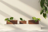 wooden boxes with green leaves on white ledge 3d render d2e719de-1f24-4b4c-8a5a-804928d7ad76