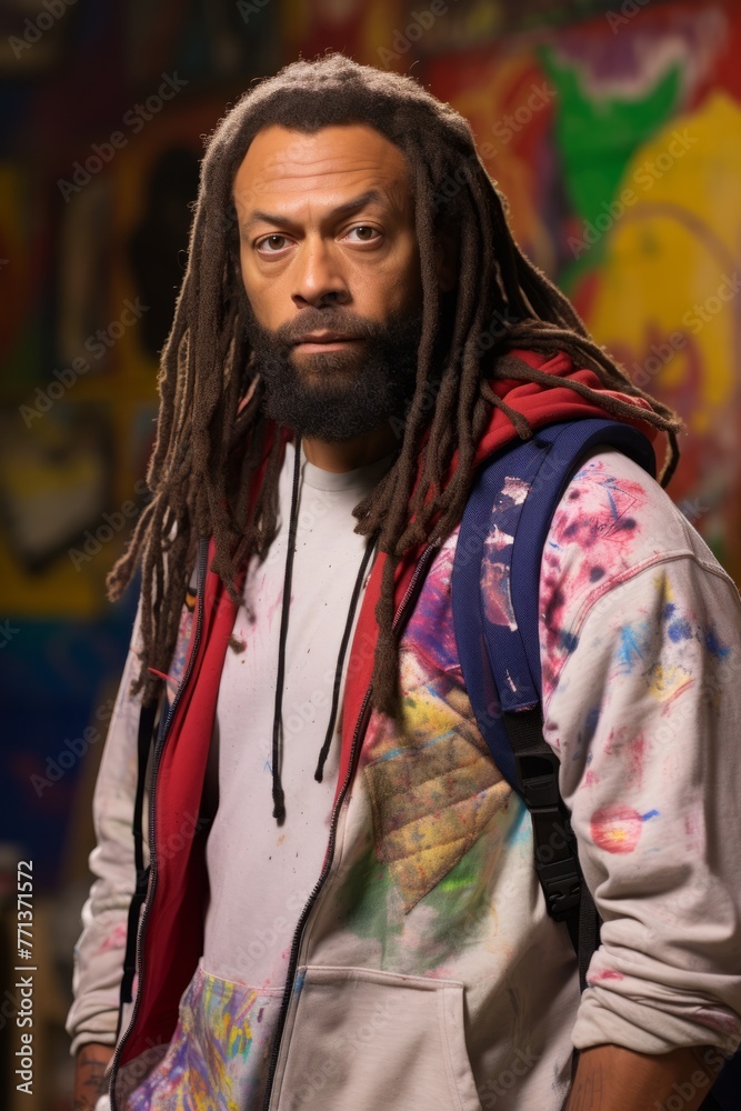 portrait of a black male artist with dreadlocks and a paint-stained jacket