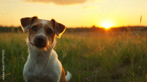 A cute dog looking at the camera with the sunset in the background