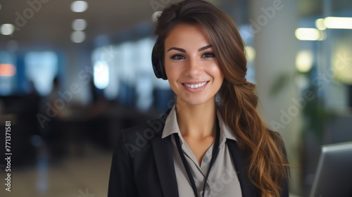 Portrait of a beautiful young businesswoman smiling wearing a suit and headphones