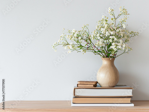 wooden desktop with books magazines and vase of flowers 7c8a44c6-b804-44b0-b8bf-ed85204539cd