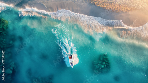 Wave and boat on the beach as a background. Beautiful natural background at the summer time from air.