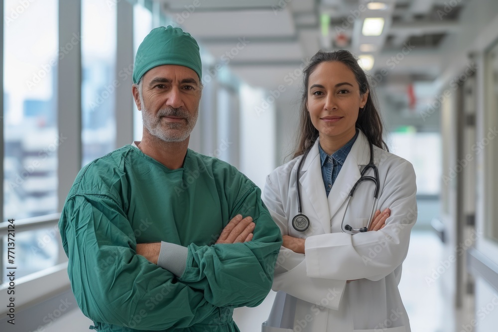Portrait of confident multiethnic doctors standing with arms crossed in hospital corridor