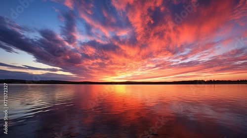 A vivid sunset over a calm lake photo