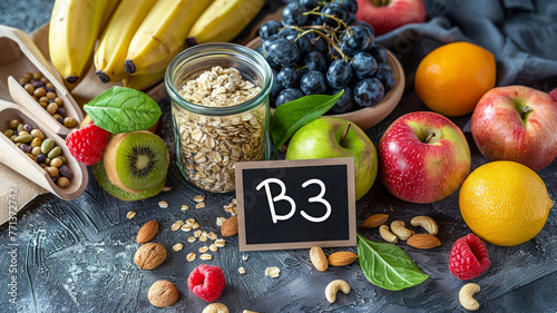 A bowl of fruit and nuts with a blackboard that says B3. The image conveys a healthy and nutritious lifestyle. arious fruits arranged with cereals and grains with a card with the writing "B3"