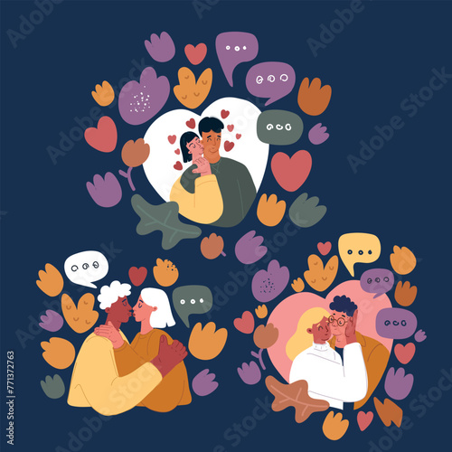 Cartoon vector illustration of Happy love couples set. Your kisses make me melt. Young romantic couple is kissing and enjoying the company of each other. Collection of people in romantic mood over dar photo