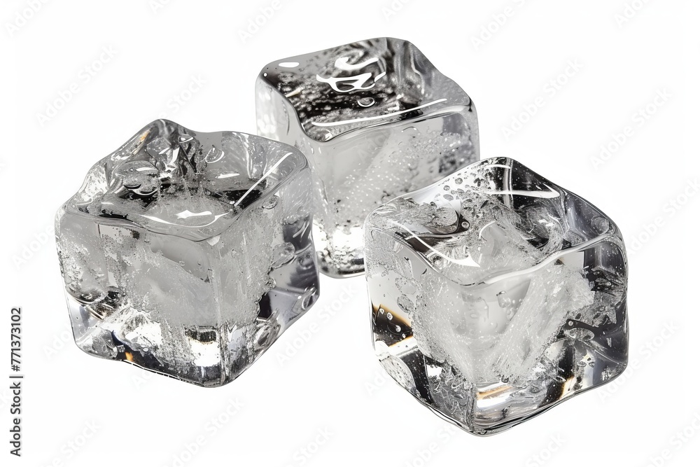 Obraz premium Three ice cubes on a white background
