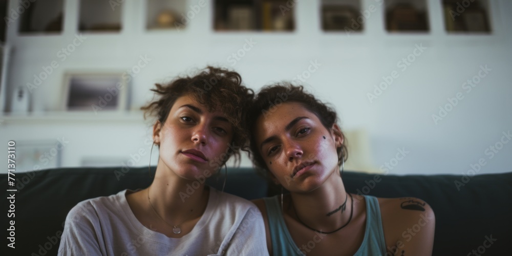Happy young lesbian couple hugging having fun, Sitting on the sofa. Generative AI.