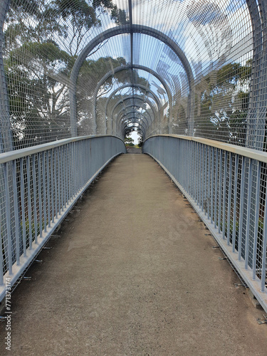 pedestrian bridge encaged with arched walkway in the city photo