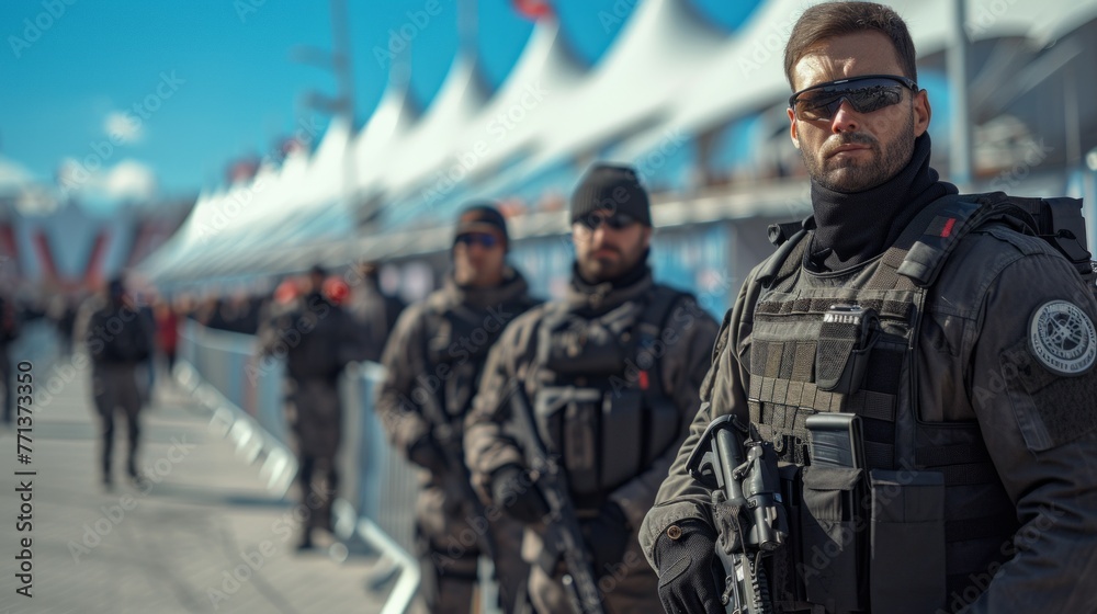 Fototapeta premium Turkish police officers in riot gear stand guard during a protest.