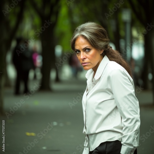 A woman in a white shirt is standing on the street looking at the camera with a serious expression