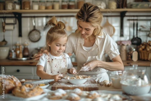 Joyful Mother and Daughter Baking Together in a Sunlit Rustic Kitchen  Making Cookies and Enjoying Family Time
