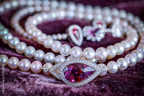 Luxurious Pearl Necklace and Elegant Ruby Diamond Jewelry Set on Soft Purple Velvet Texture Background