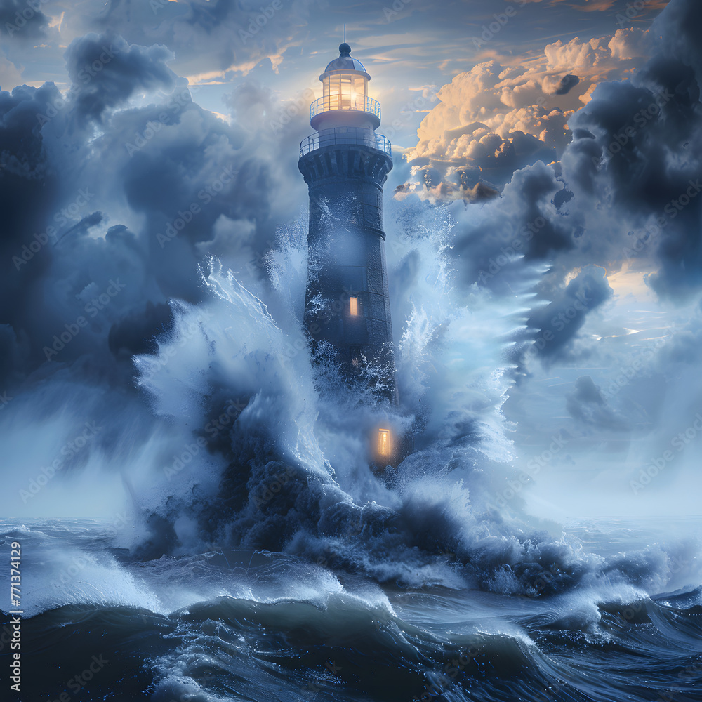 Lighthouse in a coastal storm isolated on white background, cinematic, png
