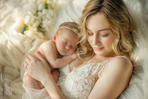 Young Mother Holding Newborn Baby in Soft Light, Tender Maternal Love, Peaceful Motherhood Moment, Family Portrait