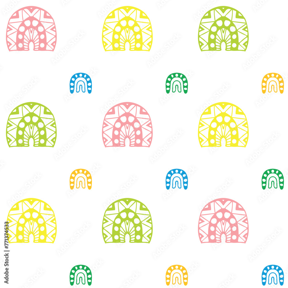 rainbow doodle seamless pattern, hand drawn illustration, cute print, black and white vector illustration