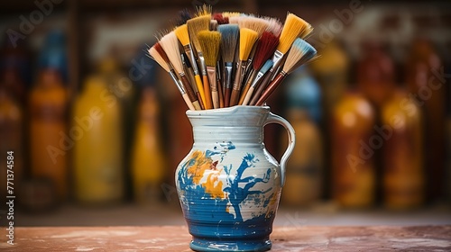 An Assortment of Paintbrushes in a Jug photo