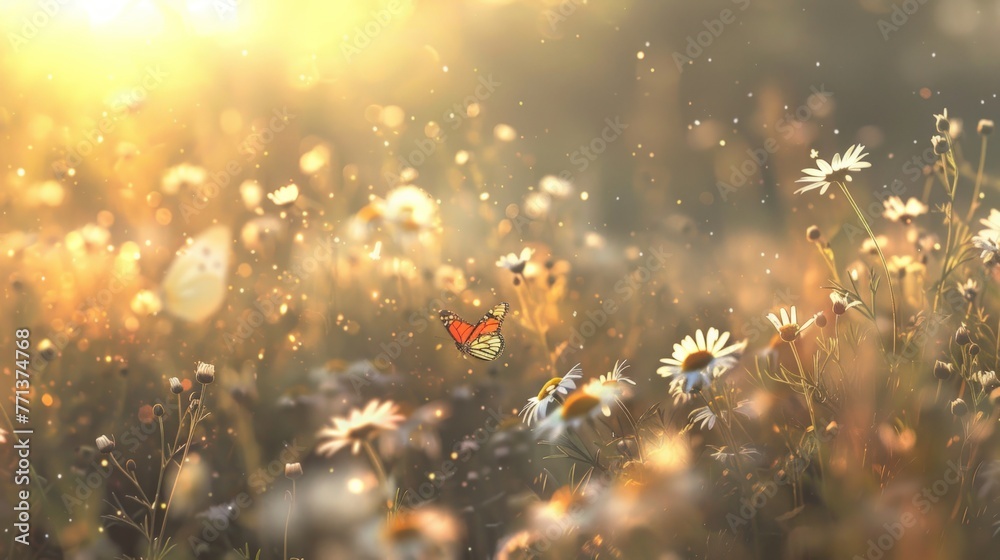 panoramic summer meadow landscape Sunlit field of daisies Chamomile flowers with fluttering butterflies.