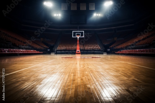 Basketball court with bright lights photo
