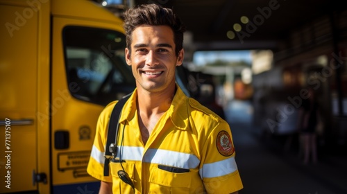 portrait of a young male firefighter in protective gear smiling in front of a fire engine