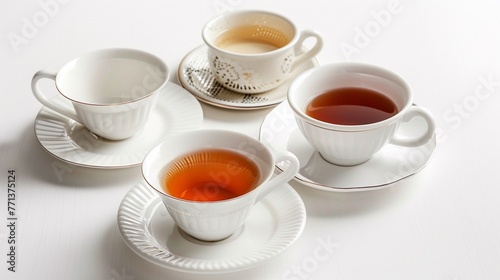 Fine porcelain teacups and saucers arranged elegantly on a white background, inviting indulgent tea time moments.