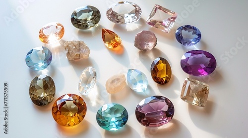 Glittering gemstones arranged in a flawless circle on a clean white tabletop, sparkling in the light.