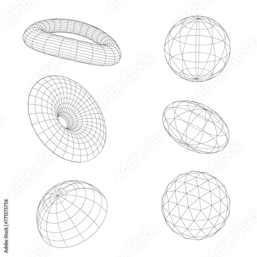 Retro futuristic 3d mesh elements set ,set of globes, Geometry wireframe shapes and grids in neon pink color. 3D hearts, abstract backgrounds, patterns, cyberpunk elements in trendy set
