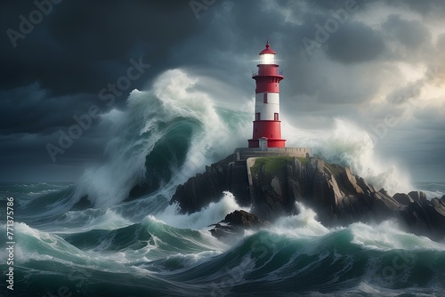 A lighthouse is on a rocky island in the middle of a stormy sea