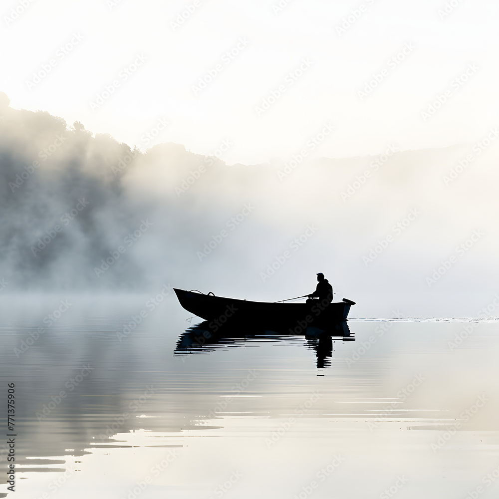 A small boat on a calm lake at dawn, with mist rising off the water and the silhouette of a lone fisherman isolated on white background, studio photography, png
