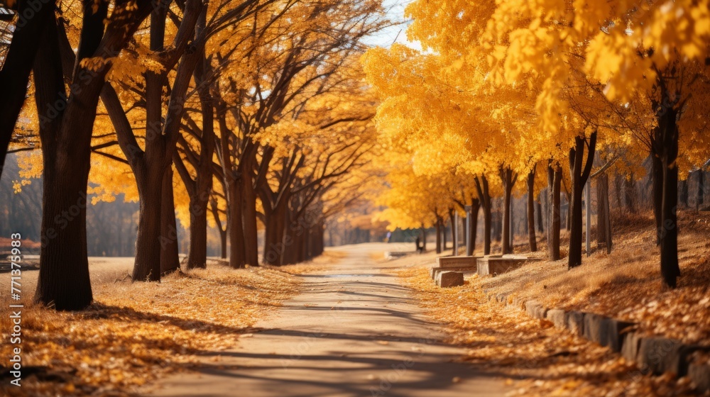 A tree-lined path in a park with yellow autumn leaves on the trees and ground