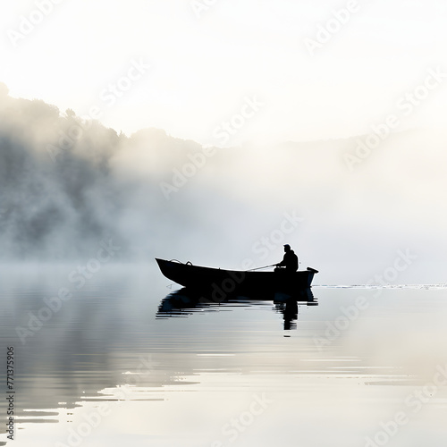 A small boat on a calm lake at dawn, with mist rising off the water and the silhouette of a lone fisherman isolated on white background, studio photography, png 