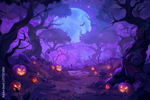 a halloween scene with pumpkins in the woods
