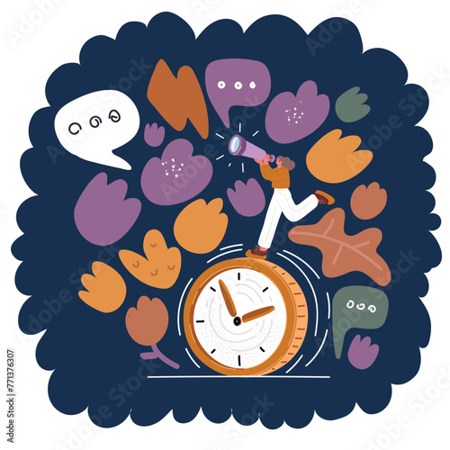 Cartoon vector illustration of woman run around alarm-clock with spy glasses over dark background