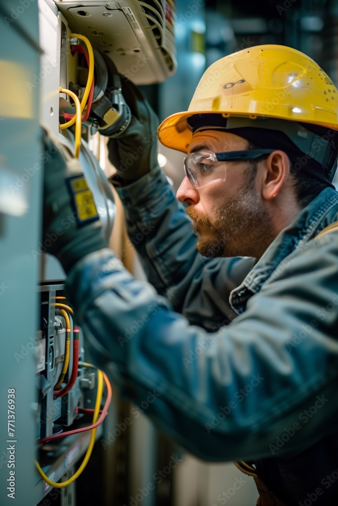 Fototapeta premium Electrician Working on Control Panel Safety Gear