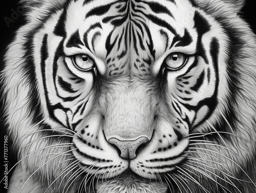 A black and white drawing of a tiger with its eyes open