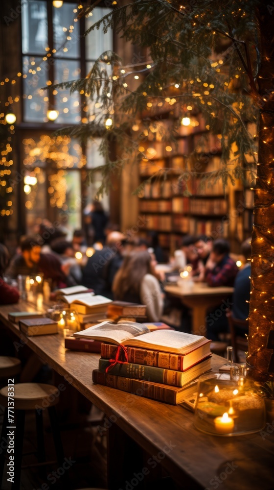 Books and candles on a wooden table in a library with people in the background