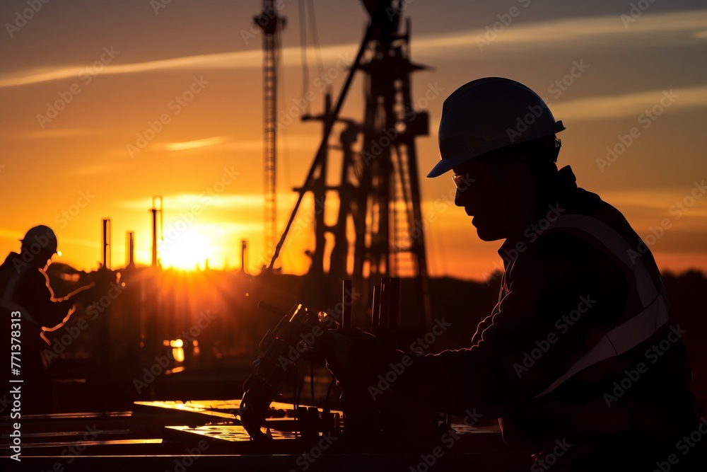 Construction workers working on a building at sunset Construction workers working on a building at sunset