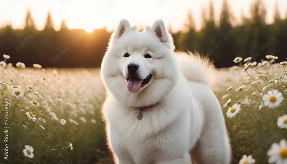 Cute Samoyed dog in chamomile field at sunset Cute Samoyed dog in chamomile field at sunset