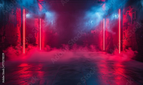 The dark stage shows, dark red background, an empty dark scene, neon light, and spotlights The concrete floor and studio room with smoke float up the interior texture for display, Generative AI