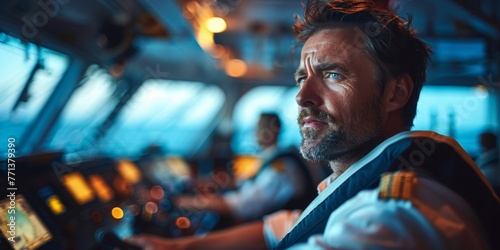 Captain in control of the cruise, Navigation officer on watch during cargo operations, security control room, VHF radio, Commercial shipping, Cargo ship, Large cruise shipcabins, blurred,Generative AI photo