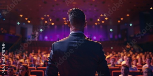 Businessman motivational speaker standing on stage in front of an audience for a speech at conference or business event. Talks about Success, Leadership and How To Be Productive, Generative AI photo