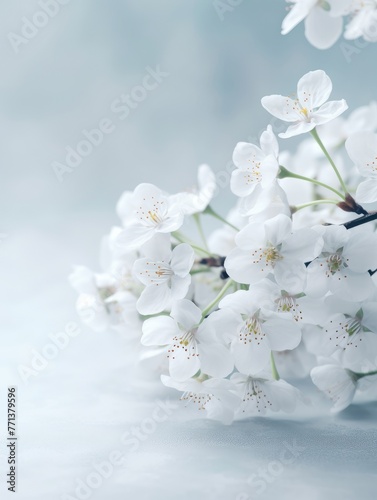 Closeup photograph of cluster of delicate white cherry blossoms against soft, out-of-focus background in pastel blue tones.