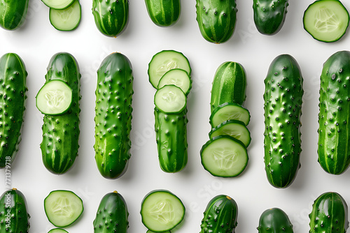 Top view of a pattern of cucumbers on a white backround